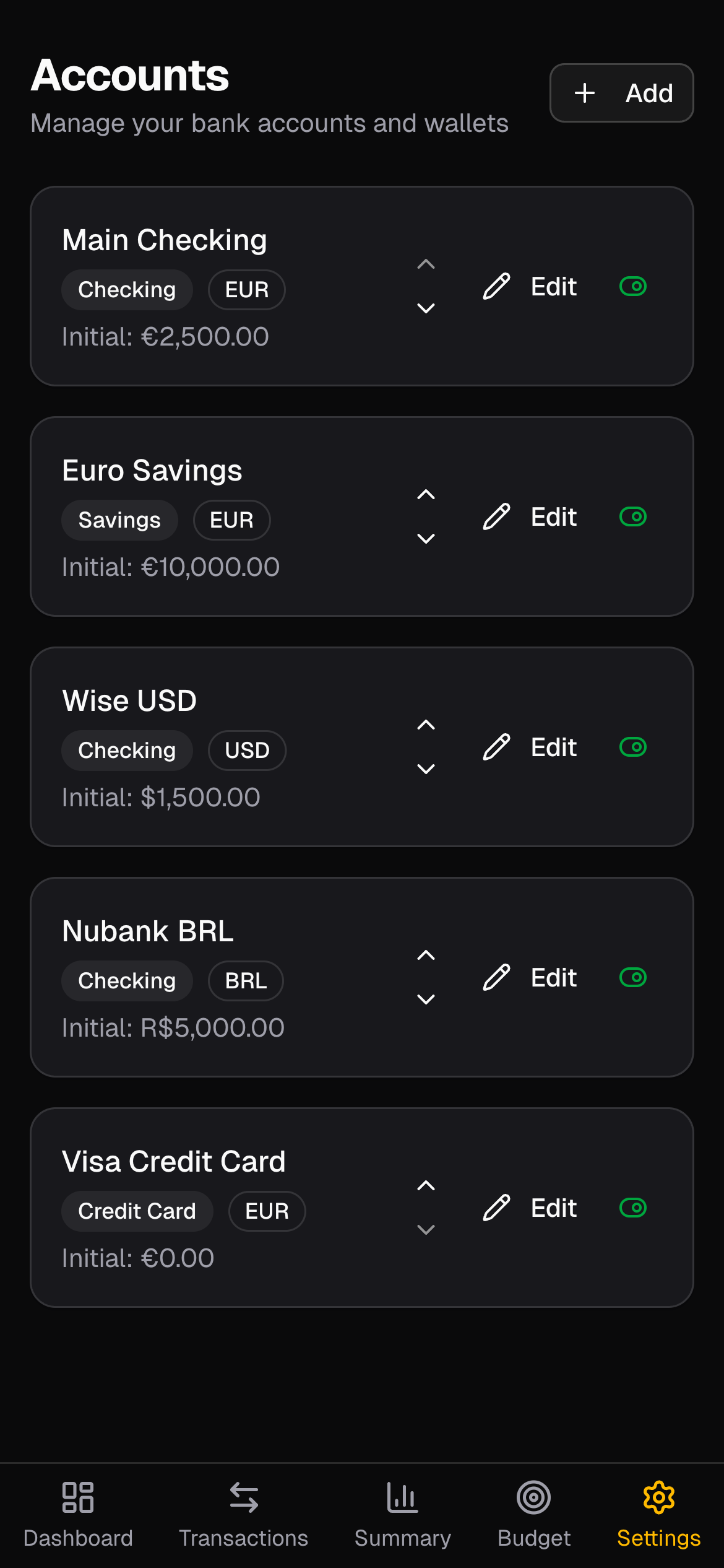 Ouriva accounts list showing EUR, USD, and BRL accounts