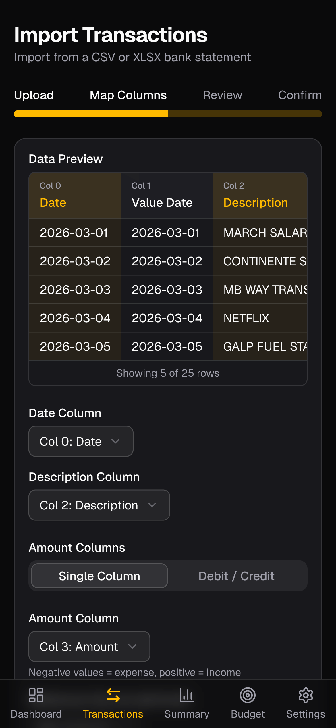 Ouriva import column mapping screen showing date, description and amount mapping